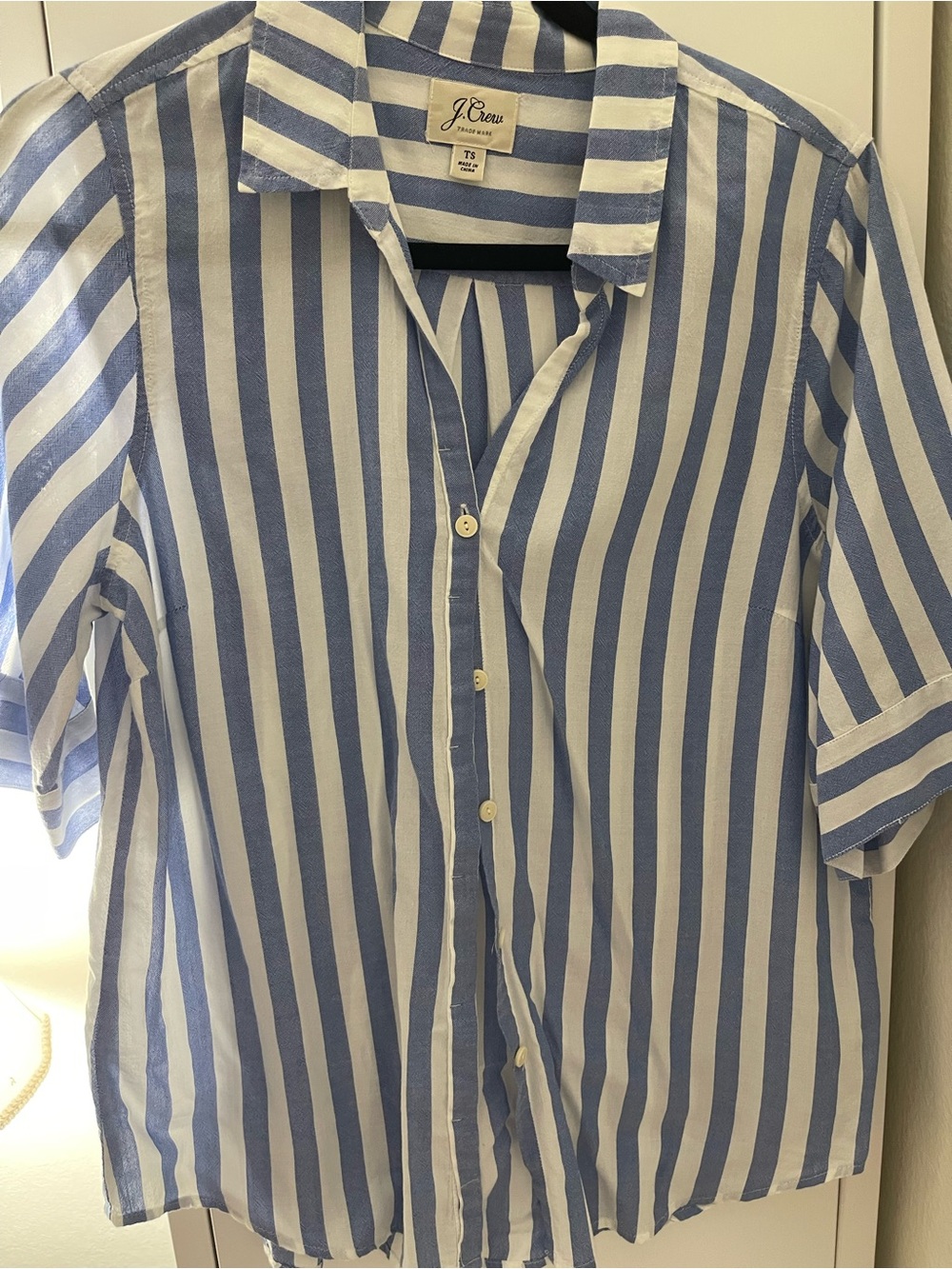 J. Crew Vertical Blue and White Stripe Short-Sleeve Button-Down Shirt